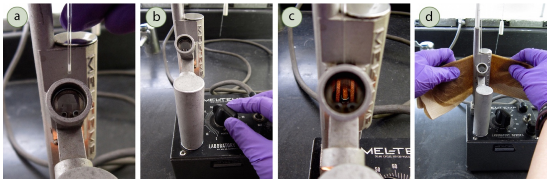  A: Capillary tube held next to melting chamber. B: Gloved hand turning knob next to melting chamber. C: Closeup of viewing glass into melting chamber, showing three capillary tubes. D: Wet paper towel held against melting apparatus.