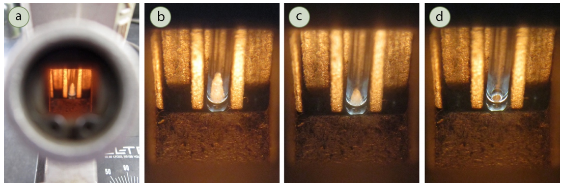  A: Viewfinder of melting apparatus. B - D: Closeup of melting process in capillary tube, as seen through viewfinder.