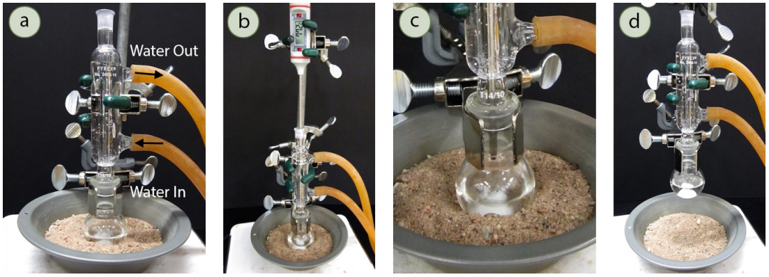  A: Reflux setup. Two water tubes are attached; arrows indicate the direction of water flow. Water flows into the lower port and out of the upper port. B: Reflux setup with thermometer inserted through top joint. C: Closeup of distillation flask showing tip of thermometer just under the surface of the liquid inside. D: Reflux setup lifted out of sand bath.