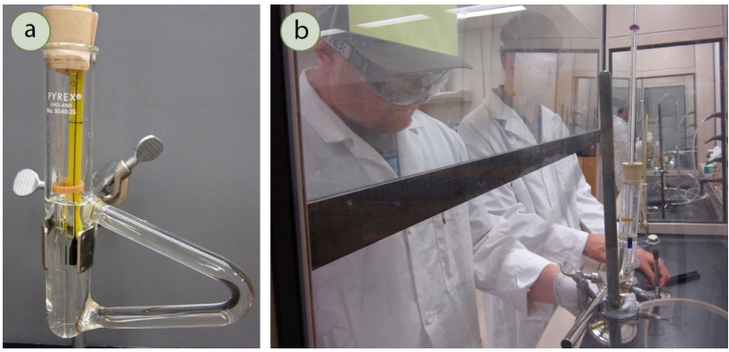  A: Closeup of Thiele tube apparatus with thermometer and mineral oil. B: Students working with Thiele tube apparati under a fume hood.