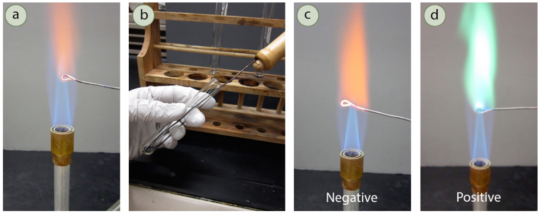 Beilstein Test: Negative result with hexanes is a flame that's not green, positive result with 1-chlorobutane is a green flame