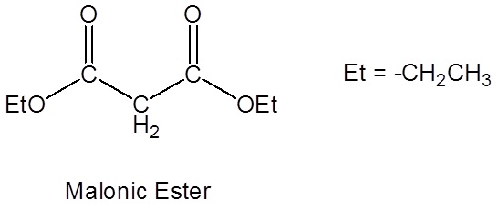 Chemical structure diagram of malonic ester. Et is used to represent -CH2CH3 groups in the diagram.