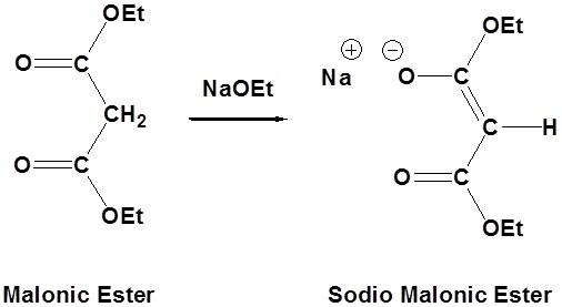Reaction diagram. Malonic ester reacts with sodium ethoxide forming sodio-malonic ester.