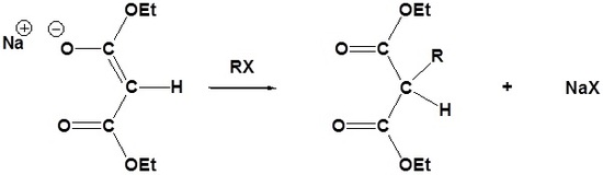 Reaction diagram. Sodio-malonic ester reacts with an alkyl halide adding the R group to the ester and releasing a sodium halide.