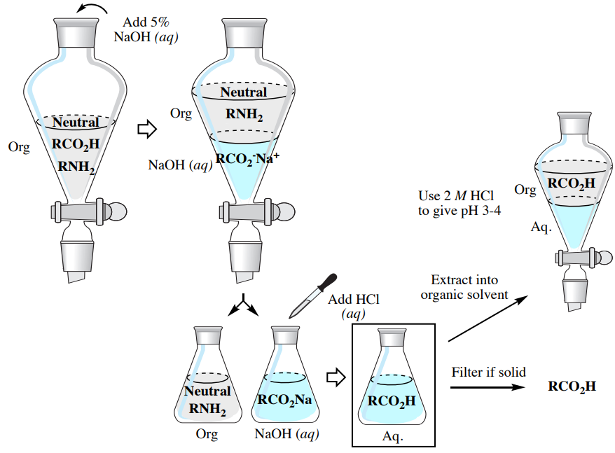 To extract the acidic component, add 5% sodium hydroxide to neutral carboxylic acid and amine. Extract the amine and sodium hydroxide. Add hydrochloric acid to the sodium hydroxide solution to get a carboxylic acid. If it is solid filter, if not then extract into organic solvent and add 2 molar hydrochloric acid to get a p H of 3-4.