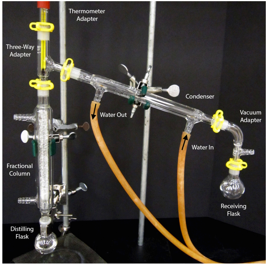 Partes de destilación fraccionada: Adaptador de termómetro, adaptador de 3 vías, columna fraccional, matraz de destilación, condensador, entrada/salida de agua, adaptador de vacío, matraz receptor