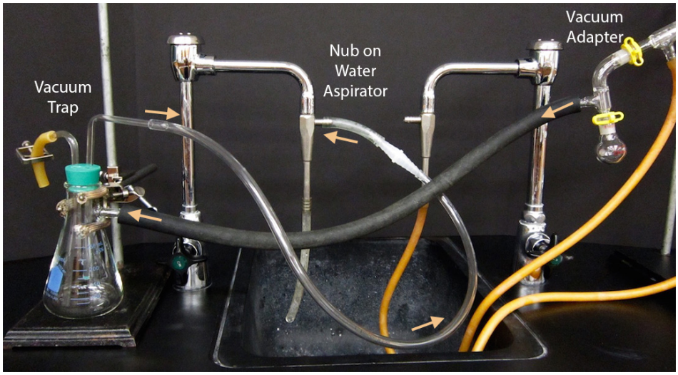 Vacuum distillation parts: vacuum trap, nub on water aspirator, vacuum adapter