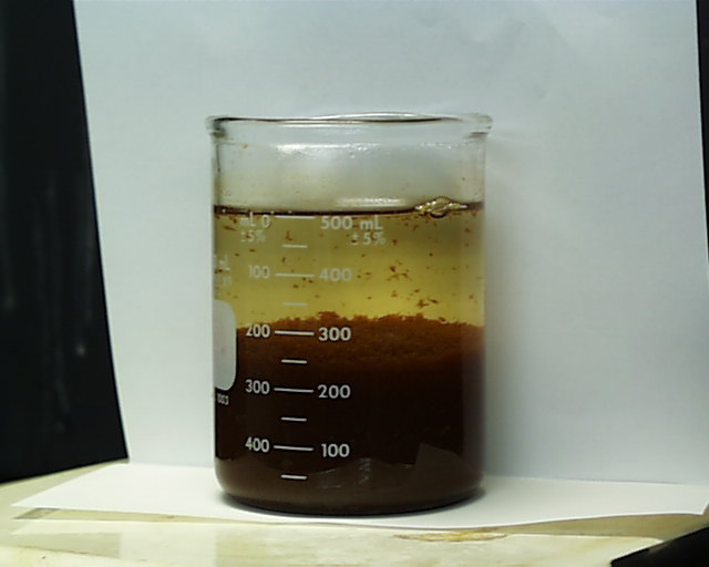 Beaker containing a heterogenous mixture is shown. The bottom layer is a dark brown precipitate and the top layer is a slightly yellow transparent liquid.