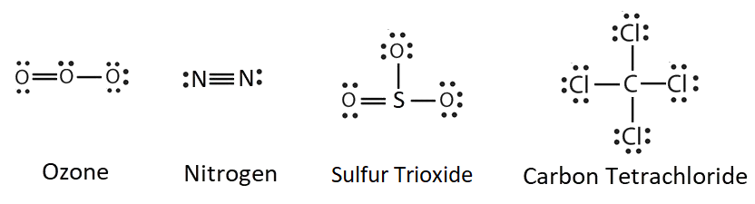 Ozone has a double bond connecting one oxygen to the center oxygen and a single bond connecting the center oxygen to a third oxygen. Nitrogen is two nitrogens connected with a triple bond. Sulfur trioxide has a double bond connecting sulfur to one oxygen and two single bonds connecting the other two oxygens to the sulfur. Carbon tetrachloride has four single bonds connecting the carbon to the four chlorines.