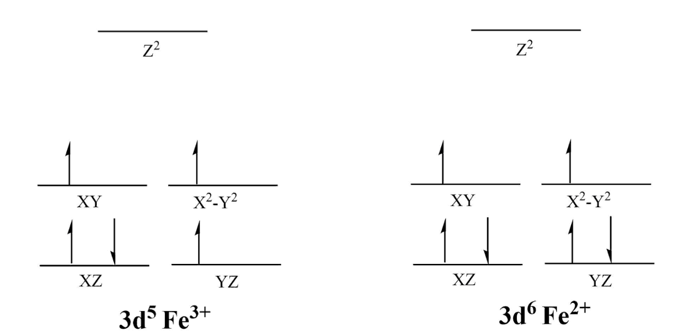d orbital Splitting  diagrams for Fe(III) and Fe(II) complexes with a trigonal bipyramidal geometry