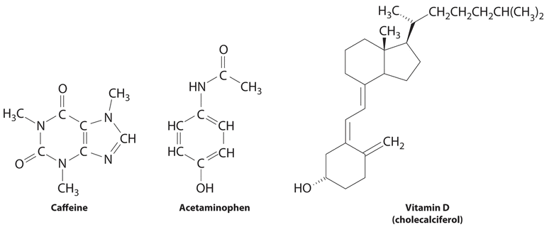 Bond line drawings of caffeine, acetaminophen, and vitamin D (cholecalciferol).