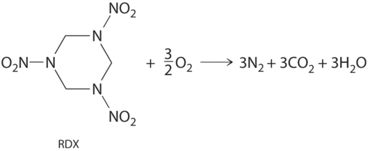 R D X reacts with 1.5 O 2 to produce 3 N 2, 3 carbon dioxide, and 3 water molecules. 