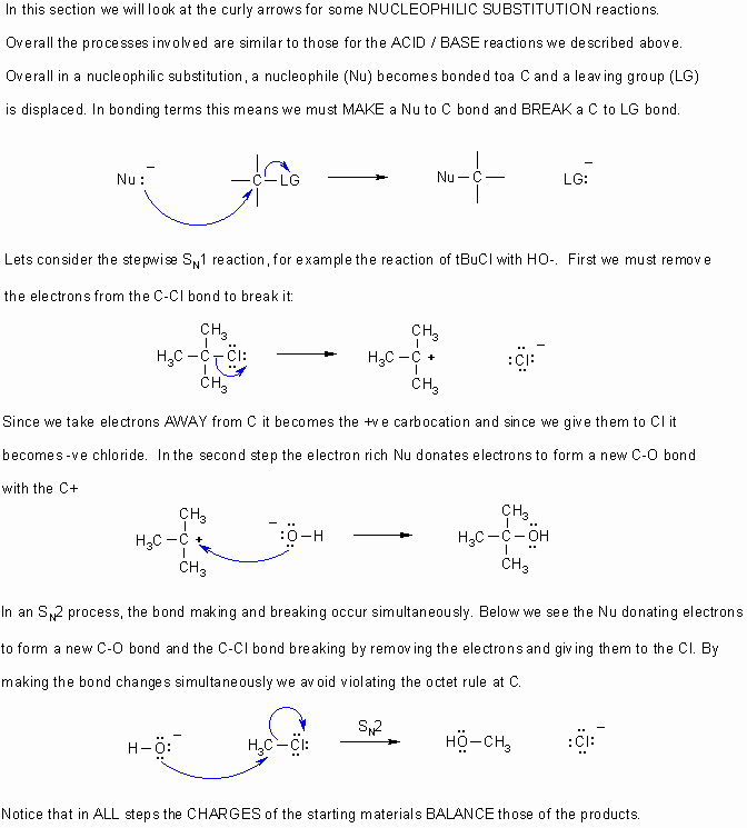 In this section, we will look at the curly arrows for some nucleophilic substitution reactions. Overall, the processes involved are similar to those for the acid/base reactions we described above. Overall, in a nucleophilic substitution, a nucleophile becomes bonded to a carbon and a leaving group is displaced. In bonding terms, this means we must make a nucleophile to carbon bond and break a carbon to leaving group bond. Lets consider the stepwise SN1 reaction, for example the reaction of tBuCl with HO-. First we must remove the electrons from the C-Cl bond to break it. Since we take electrons away from carbon, it becomes the carbocation and since we give them to Cl it becomes negative chloride. In the second step, the electron rich nucleophile donates electrons to form a new C-O bond with the carbocation. In an SN2 process, the bond making and breaking occur simultaneously. Below we see the nucleophile donating electrons to form a new C-O bond and the C-Cl bond breaking by removing the electrons and giving them to the Cl. By making the bond changes simultaneously we avoid violating the octet rule of carbon. Notice that in all steps the charges of the starting materials balance those of the products.