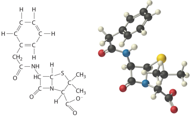 Structural formula and ball-and-stick model of penicillin.