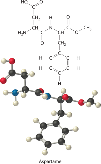 Molecular structure and ball-and-stick model of aspartame.