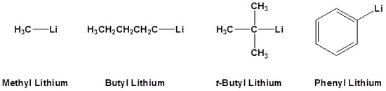 Common organometallic reagents are methyl lithium, butyl lithium, t-butyl lithium and phenyl lithium. 