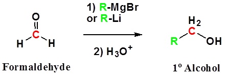 Reaction diagram. Formaldehyde reacts first with a grignard reagent then with hydronium forming a primary alcohol.