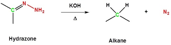 Reaction diagram. Hydrazone reacts with potassium hydroxide and heat to form an alkane and nitrogen.