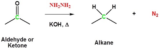 Reaction diagram. An aldehyde or ketone reacts with hydrazine, potassium hydroxide, and heat to form an alkane and nitrogen.