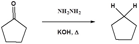 Reaction diagram. Cyclopentanone reacts with hydrazine, potassium hydroxide and heat to form cyclopentane.