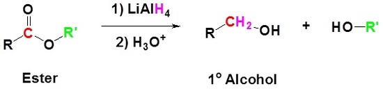 Reaction diagram. An ester reacts first with lithium aluminum hydride then with hydronium forming a primary alcohol with one R group and another alcohol with the second R group.