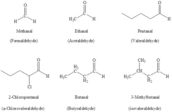 Chart showing chemical structures of methanal (formaldehyde), ethanal (acetaldehyde), pentanal (valeraldehyde), 2-chloropentanal (a-chlorovaleraldehyde), butanal (butyraldehyde), and 3-methylbutanal (isovaleraldehyde).