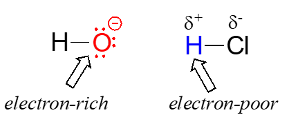 El oxígeno en el hidróxido es rico en electrones mientras que el hidrógeno en el ácido clorhídrico es pobre en electrones.