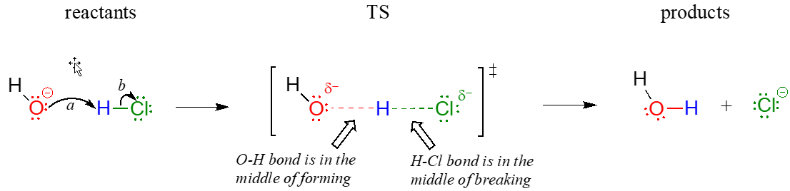 Los reactivos de la reacción son hidróxido y ácido clorhídrico. En este paso se dibuja la flecha del par de líneas del oxígeno al hidrógeno en ácido clorhídrico. Una segunda flecha se extrae del enlace en ácido clorhídrico al cloro. En el estado de transición, se dibujan corchetes alrededor de los reactivos. Aquí se forma un enlace entre oxígeno e hidrógeno mientras que el enlace entre hidrógeno y cloro se rompe. Tanto el oxígeno como el cloro tienen cargas negativas parciales. Entonces obtenemos nuestros productos de agua y iones cloruro.