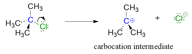 El primer paso es que el cloro salga del cloruro de terc-butilo a partir de un intermedio de carbocatión.