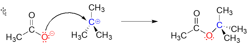 El segundo paso es que el oxígeno nucleófilo ataca el carbono electrófilo en el carbocatión intermedio para obtener el producto final.