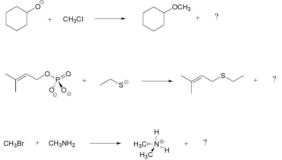 La primera reacción es C6H11O menos reacciona con CH3Cl. La segunda reacción es C5H9PO4 dos menos reacciona con C2H5S menos. La tercera reacción es CH3Br reacciona con CH3NH2.
