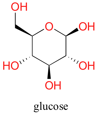 Bond line drawing of glucose with every oxygen and OH highlighted in red. 