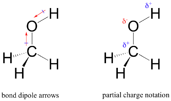 Bond dipole arrows and partial charge notation for COH4. One dipole is from the carbon in the direction of the oxygen. The other dipole is the from hydrogen to the oxygen. The carbon and hydrogen bonded to the oxygen are partially positive while the oxygen is partially negative. 
