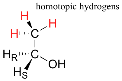 Molecule with homotopic hydrogens. Three hydrogens attached to carbon on methyl group (in red).