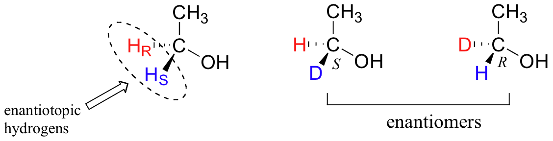 Izquierda: Carbono unido al grupo metilo, hidroxilo e hidrógenos enatiotópicos (dos hidrógenos; uno en cuña y otro en guión). Derecha: Ambas variaciones después de que una H haya sido reemplazada por un grupo D (una con D acuñada y otra con D discontinua). El texto afirma que son enantiómeros el uno del otro.