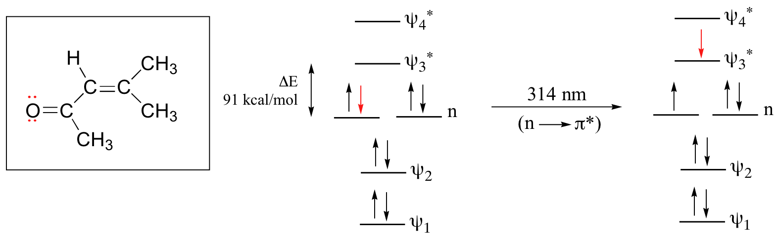 Molecular orbital diagram for 4-methyl-3-penten-2-one. Two bonding orbitals and two antibonding orbitals with one n level between them. 4 electrons in the bonding level and 4 electrons at the n level. 91 k cal per mol between n and antibonding levels. 314 nanometers causes one electron to transition from n to antibonding orbital.