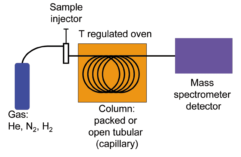 Rectángulo vertical azul etiquetado Gas (Helio, N 2, H 2) conectado al inyector de muestra. Conectado a un cuadrado naranja con bobinas negras. Etiqueta superior: Horno T regulado. Etiqueta inferior: Columna: tubular empaquetada o abierta (capilar). Conectado a un detector de espectrómetro de masas etiquetado rectángulo púrpura horizontal.