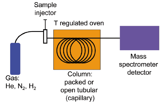 Blue vertical rectangle labeled Gas (Helium, N 2, H 2) connected to sample injector. Connected to an orange square with black coils. Top label: T regulated oven. Bottom label: Column: packed or open tubular (capillary). Connected to a horizontal purple rectangle labeled mass spectrometer detector.