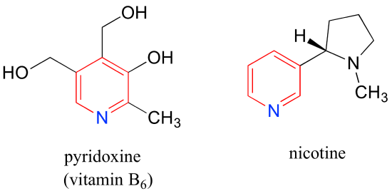 Bond line drawing of vitamin B6 and nicotine. 