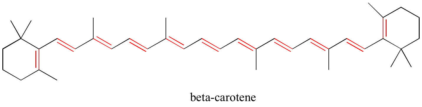 Bond line drawing of beta carotene. All the double bonds are in red. 
