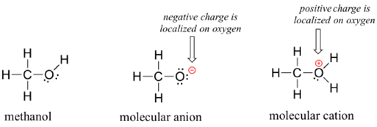 Methanol (CH3OH) has two lone pairs on the oxygen atom. As an anion (CH3O), oxygen has three lone pairs and a centralized negative charge. As a cation (CH3OH2), oxygen has one lone pair and a centralized positive charge.