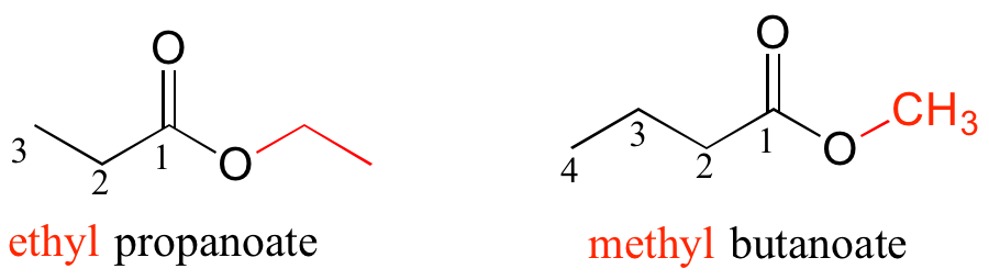Izquierda: propanoato de etilo; cadena de tres carbonos con un éster en el primer carbono. Grupo etilo unido al oxígeno en el grupo éster. Derecha: butanoato de metilo; una cadena de cuatro carbonos con un éster en el primer carbono. Grupo metilo unido al oxígeno en el grupo éster.