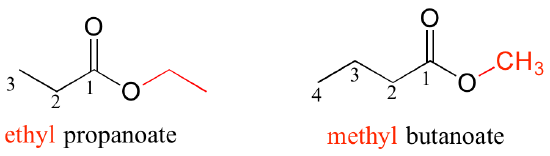 Left: ethyl propanoate; three carbon chain with an ester on the first carbon. Ethyl group attached to the oxygen in the ester group. Right: methyl butanoate; a four-carbon chain with an ester on the first carbon. Methyl group attached to the oxygen in the ester group.