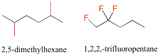 Left: 2,5-dimethylhexane; one methyl group on the 2nd carbon and one on the fifth carbon of a six-carbon chain. Right: 1,2,2-trifluoropentane; one fluorine on the first carbon and two on the second carbon of a five carbon chain.