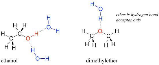 Bond line drawing of ethanol and dimethyl ether. The ether in dimethyl ether is a hydrogen bond accepter only.