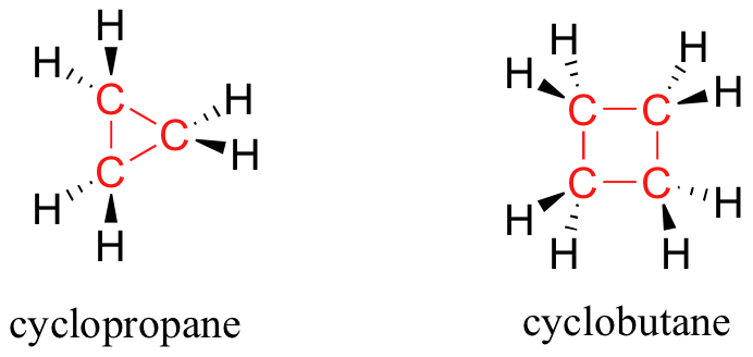 Izquierda: ciclopropano, tres formando un anillo. Derecha: ciclobutano, cuatro carbonos formando un anillo