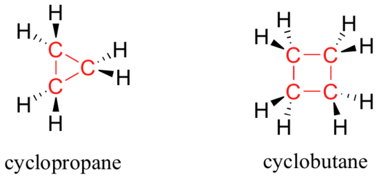 Left: cyclopropane, three forming a ring. Right: cyclobutane, four carbons forming a ring