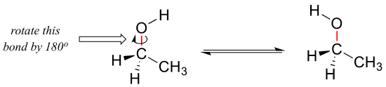 Ethanol molecule with hydroxy hydrogen to the right of oxygen. The carbon oxygen bond is rotated 180 degrees and is in equilibrium with ethanol that has the hydrogen bonded to the left of oxygen.
