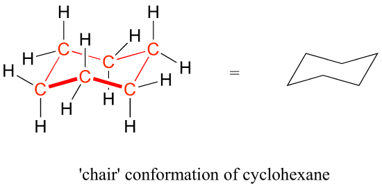 Chair conformation of cyclohexane.