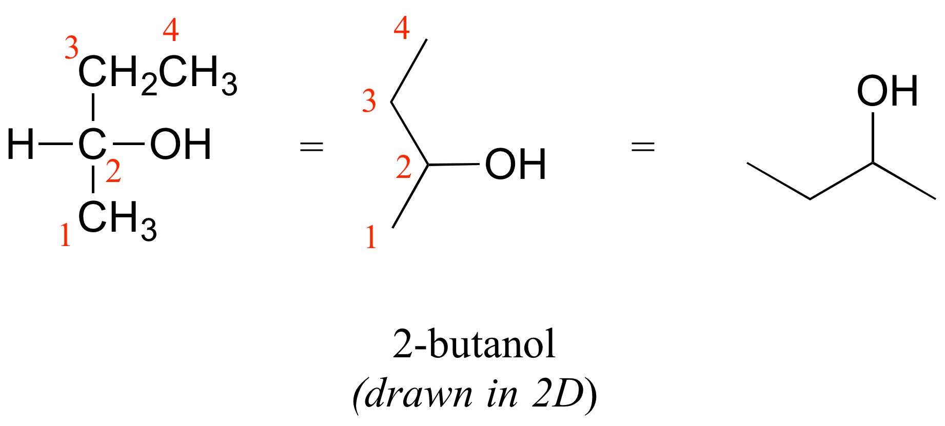 2-butanol dibujado en 2 D. Carbono marcado 1 a 2. El carbono 2 es el centro quiral.